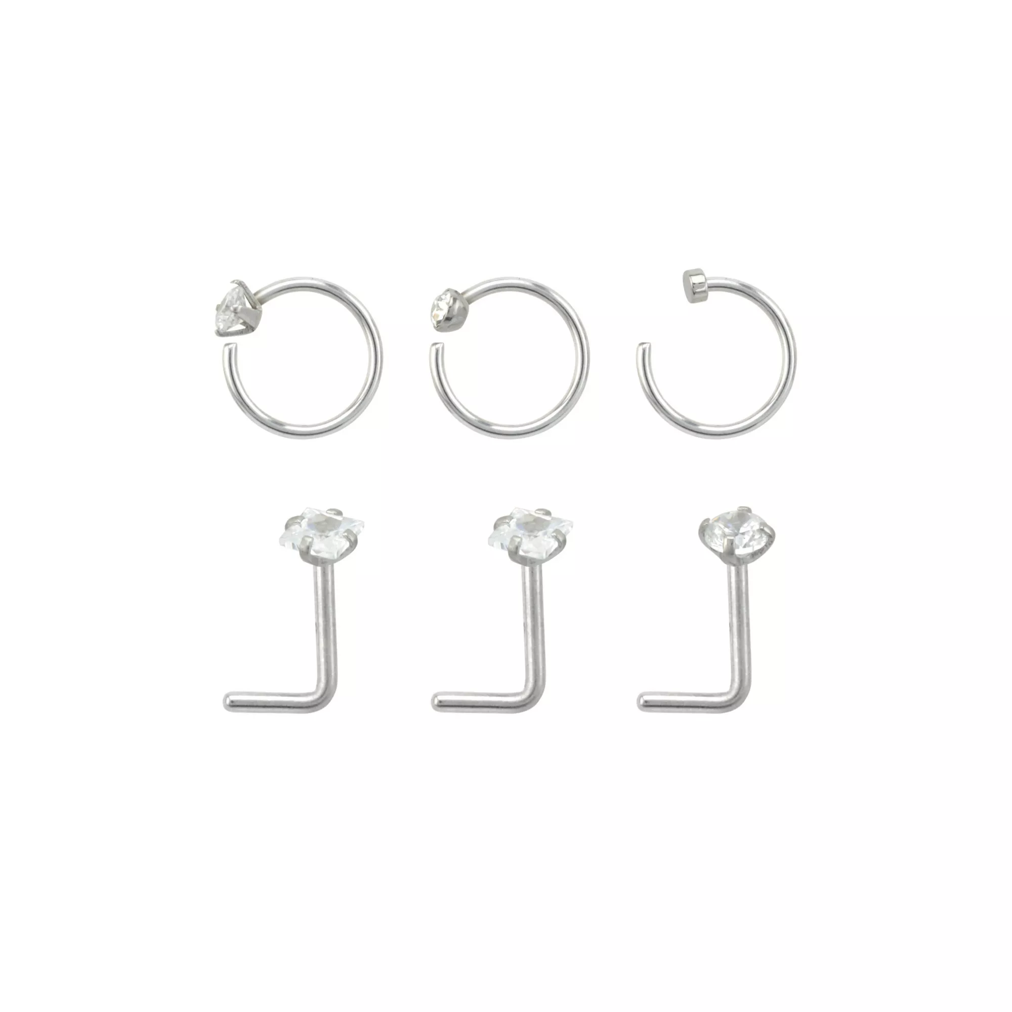 Multi-Pack Round and Square CZ L-Bend Nose Rings and Hoop Nose Rings - 6 Pack at Spencer's