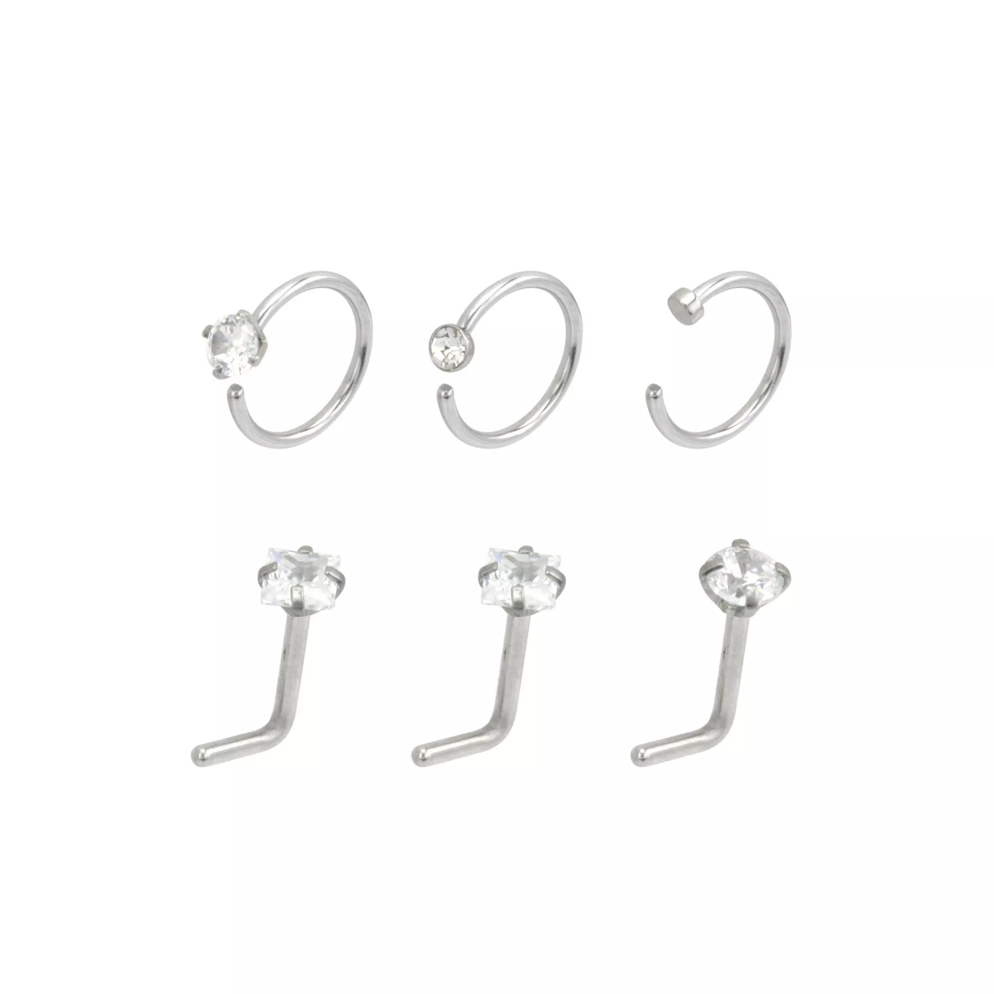 Multi-Pack Round and Square CZ L-Bend Nose Rings and Hoop Nose Rings - 6 Pack at Spencer's