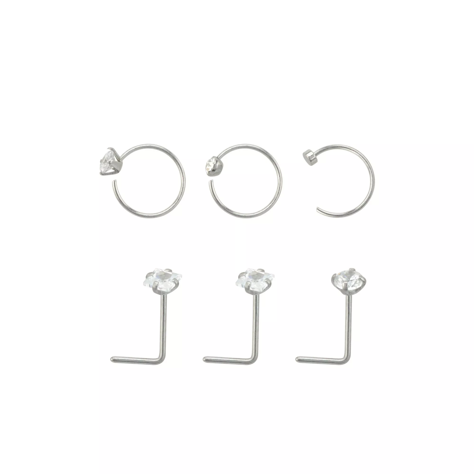Multi-Pack Round and Square CZ L-Bend Nose Rings Hoop - 6 Pack