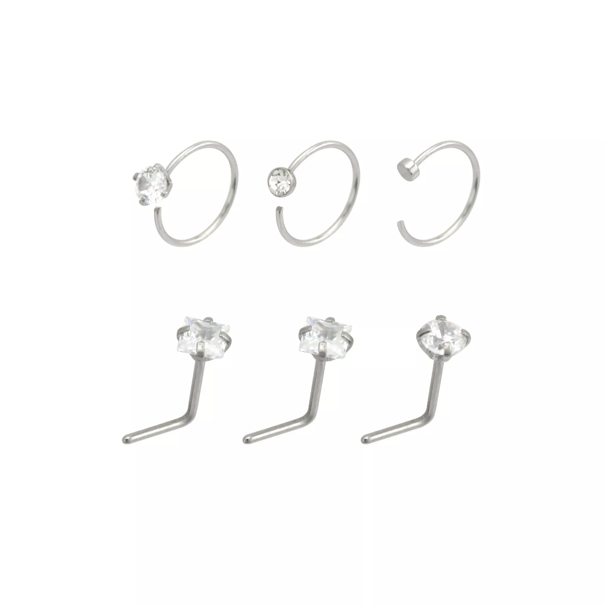 Multi-Pack Round and Square CZ L-Bend Nose Rings and Hoop Nose Rings - 6 Pack at Spencer's