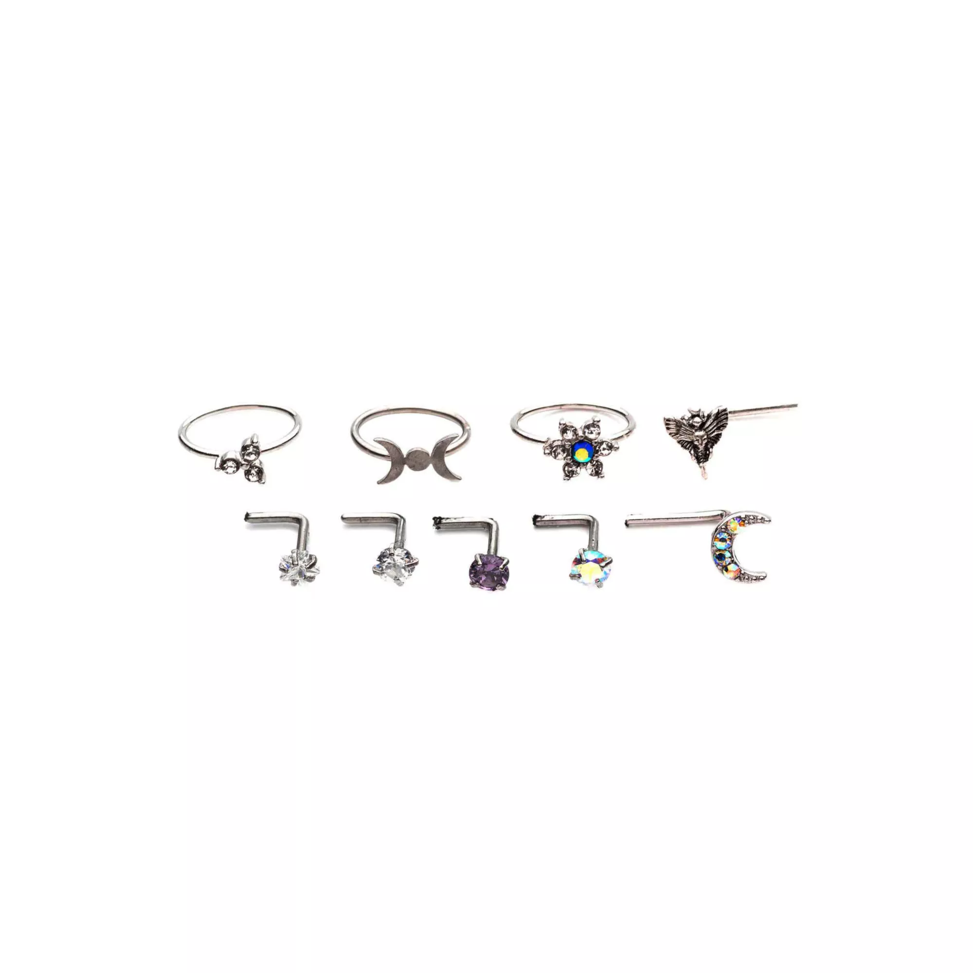 Multi-Pack CZ Moon and Star Hoops L-Bend Nose Rings 9 Pack - 20 Gauge