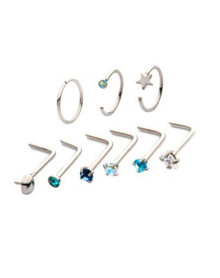 Multi-Pack Mushroom and Star L-Bend Nose Rings and Hoop Nose Rings 9 Pack - 20 Gauge