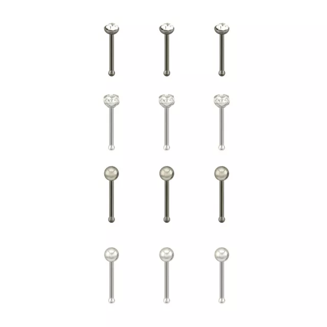 Multi-Pack Silvertone and Black CZ Pronged Nose Pins 12 Pack - 20 Gauge at Spencer's
