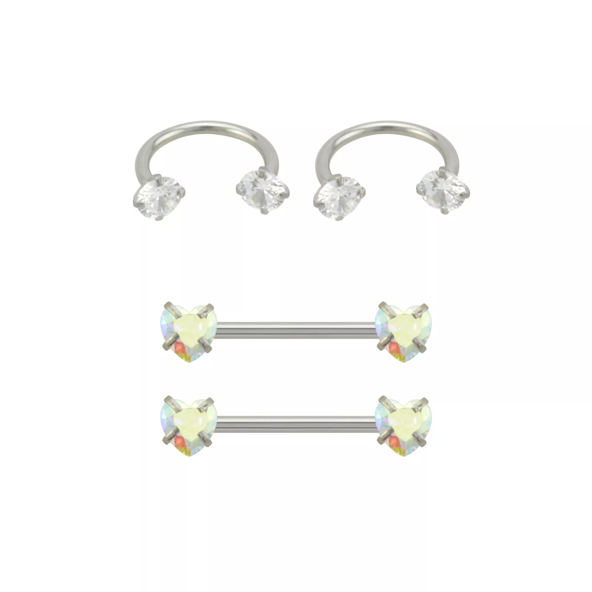 Multi-Pack Aurora Borealis Effect Heart Horseshoe Rings and Barbells 2 Pair - 14 Gauge
