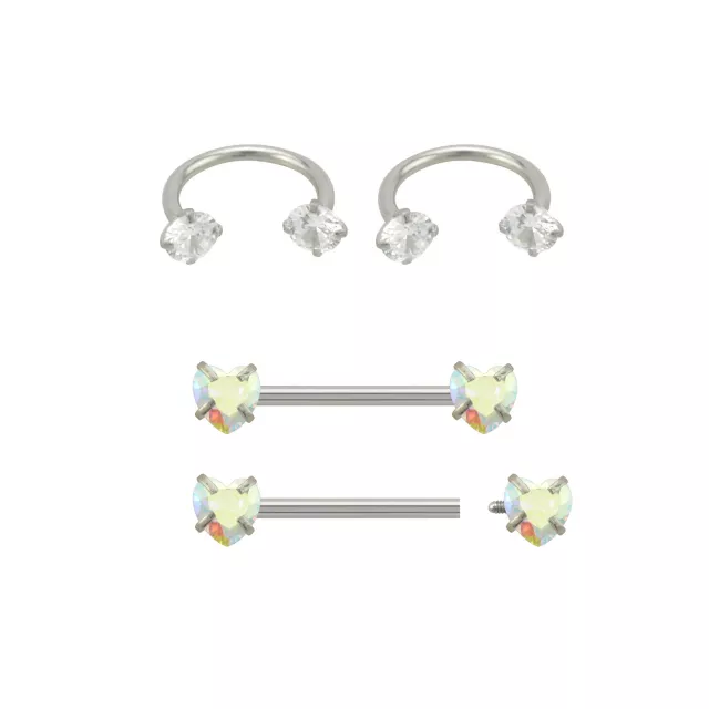 Multi-Pack Aurora Borealis Effect Heart Horseshoe Rings and Barbells 2 Pair - 14 Gauge
