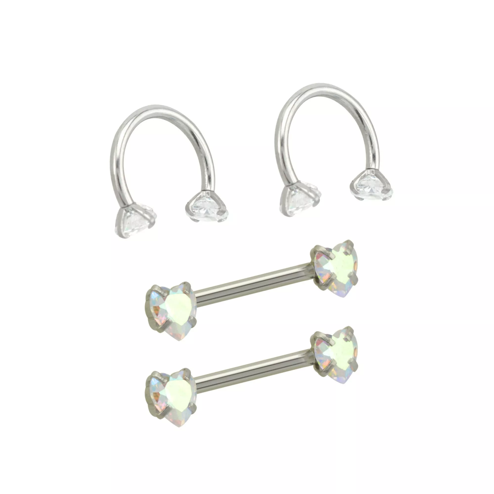 Multi-Pack Aurora Borealis Effect Heart Horseshoe Rings and Barbells 2 Pair - 14 Gauge at Spencer's