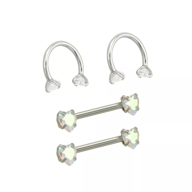 Multi-Pack Aurora Borealis Effect Heart Horseshoe Rings and Barbells 2 Pair - 14 Gauge at Spencer's