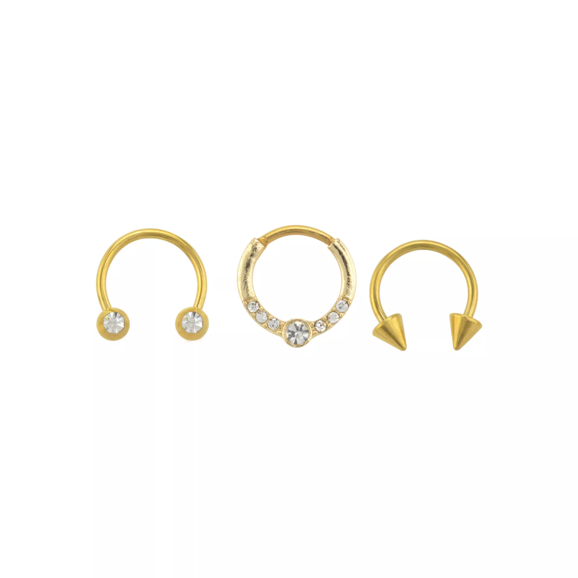 Multi-Pack CZ Goldtone Horseshoe Rings and Clicker Septum Ring 3 Pack - 16 Gauge