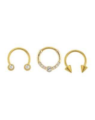 Multi-Pack CZ Goldtone Horseshoe Rings and Clicker Septum Ring 3 Pack - 16 Gauge