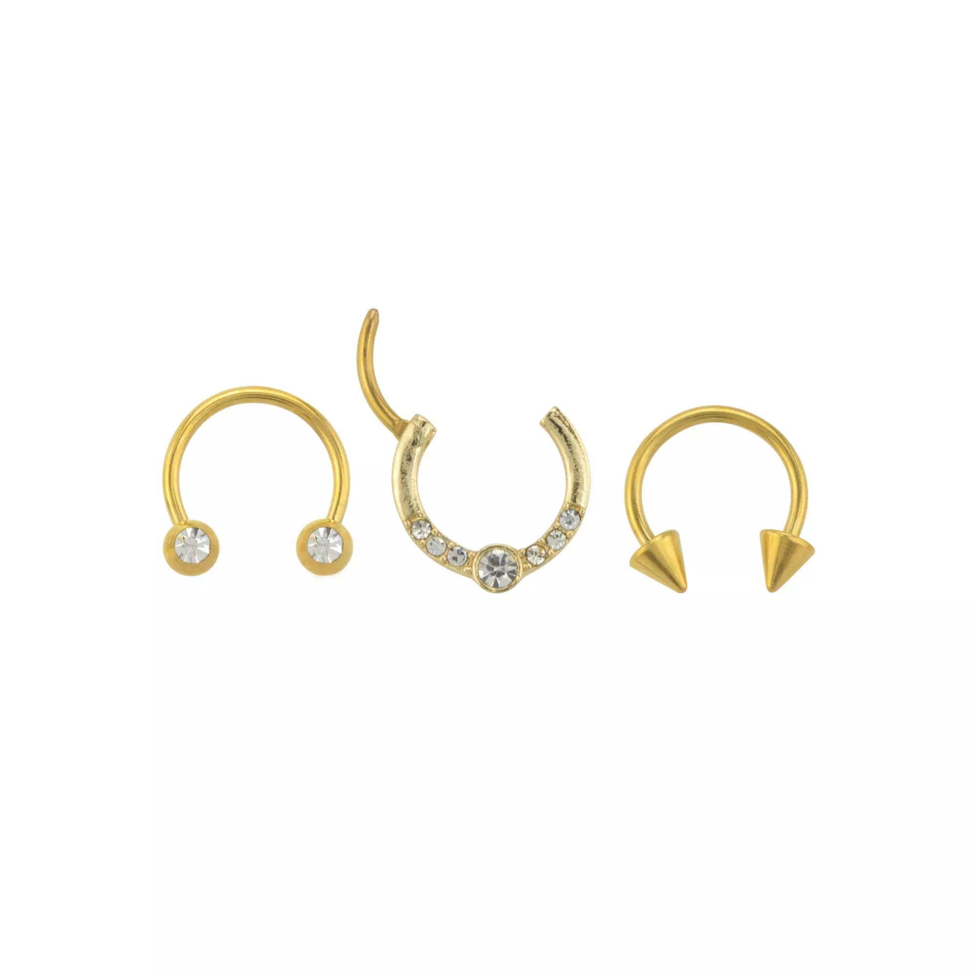 Multi-Pack CZ Goldtone Horseshoe Rings and Clicker Septum Ring 3 Pack - 16 Gauge