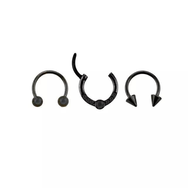 Multi-Pack CZ Black Horseshoe Rings and Clicker Septum Ring 3 Pack - 16 Gauge at Spencer's
