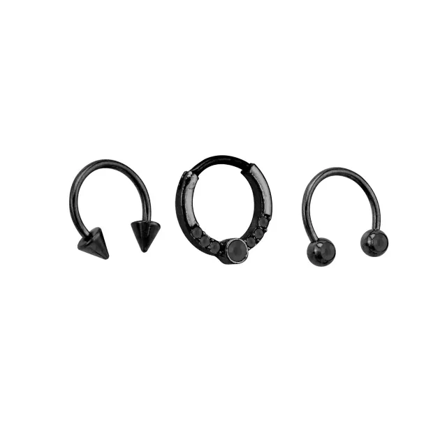 Multi-Pack CZ Black Horseshoe Rings and Clicker Septum Ring 3 Pack - 16 Gauge at Spencer's