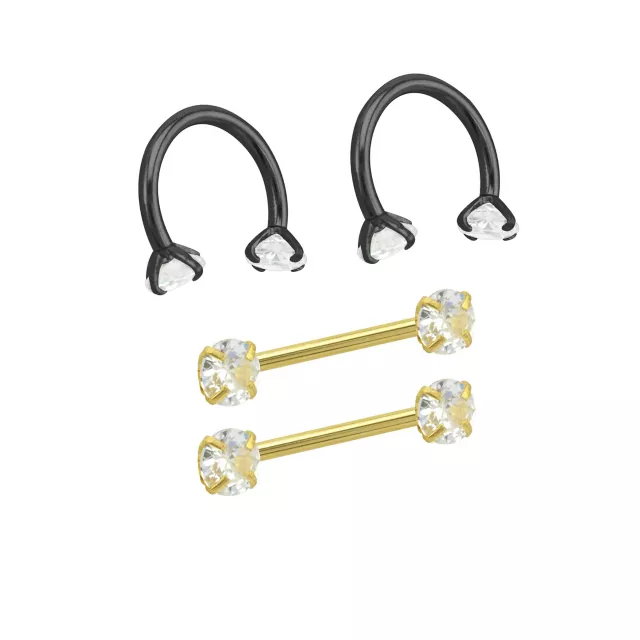 Multi-Pack Goldtone and Black Horseshoe Rings and Nipple Barbells 4 Pack - 14 Gauge at Spencer's