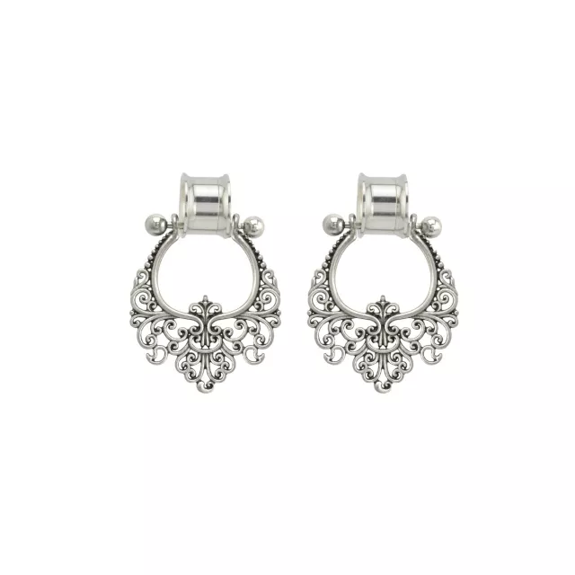 Silvertone Filigree Dangle Double Flare Tunnels