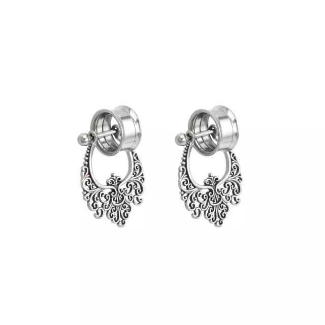 Silvertone Filigree Dangle Double Flare Tunnels
