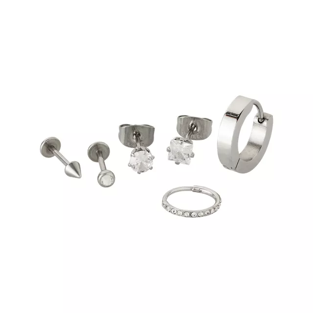 Multi-Pack Silvertone CZ Assorted Hoop and Stud Earrings 6 Pack - 20 Gauge at Spencer's
