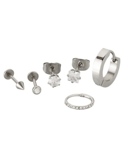 Multi-Pack Silvertone CZ Assorted Hoop and Stud Earrings 6 Pack
