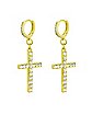 CZ Goldtone Cross Dangle Huggie Hoop Earrings
