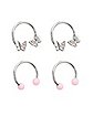 Multi-Pack Titanium Silvertone and Pink Butterfly Horseshoe Rings 4 Pack - 16 Gauge