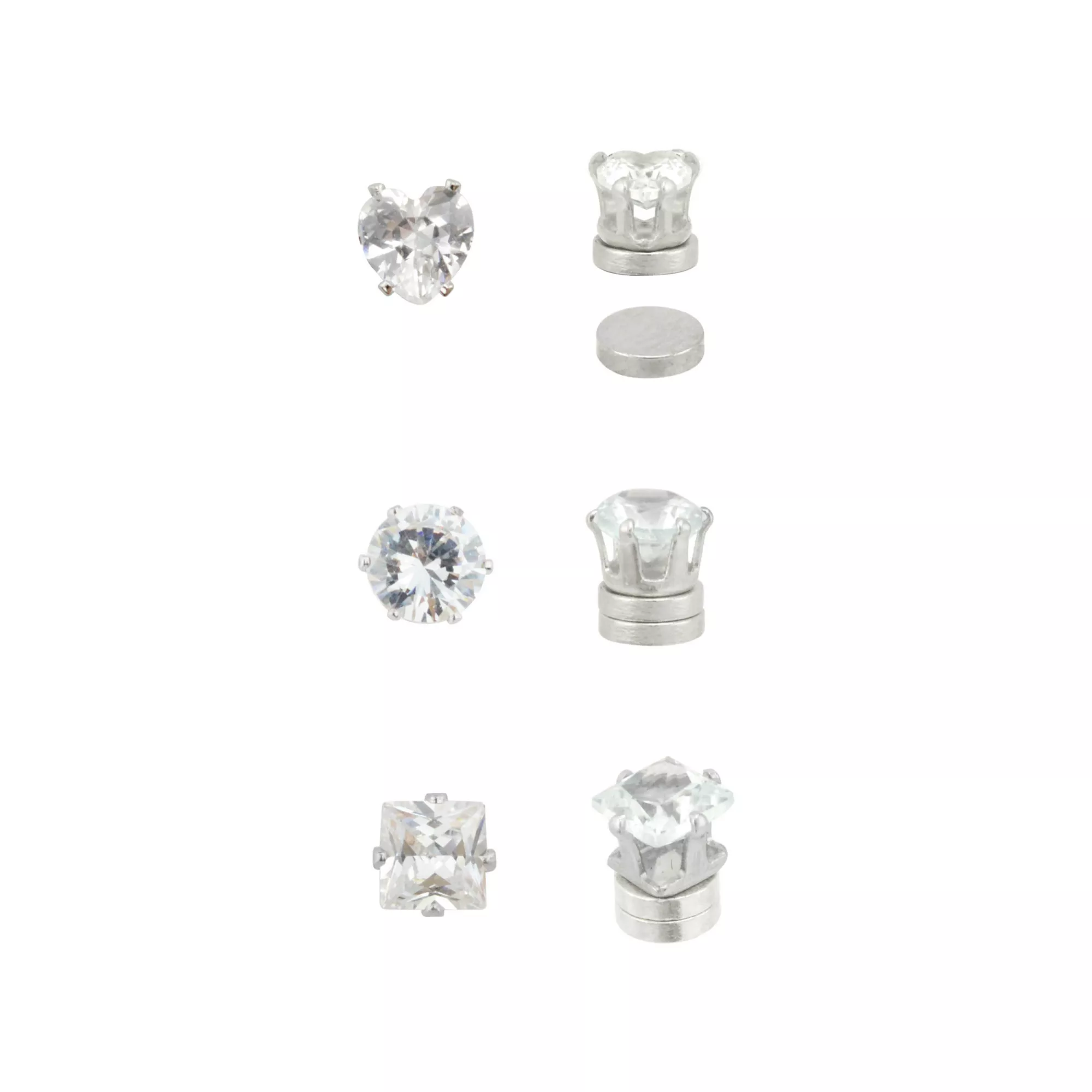 Silvertone CZ Assorted Shapes Magnetic Earrings - 3 Pack at Spencer's