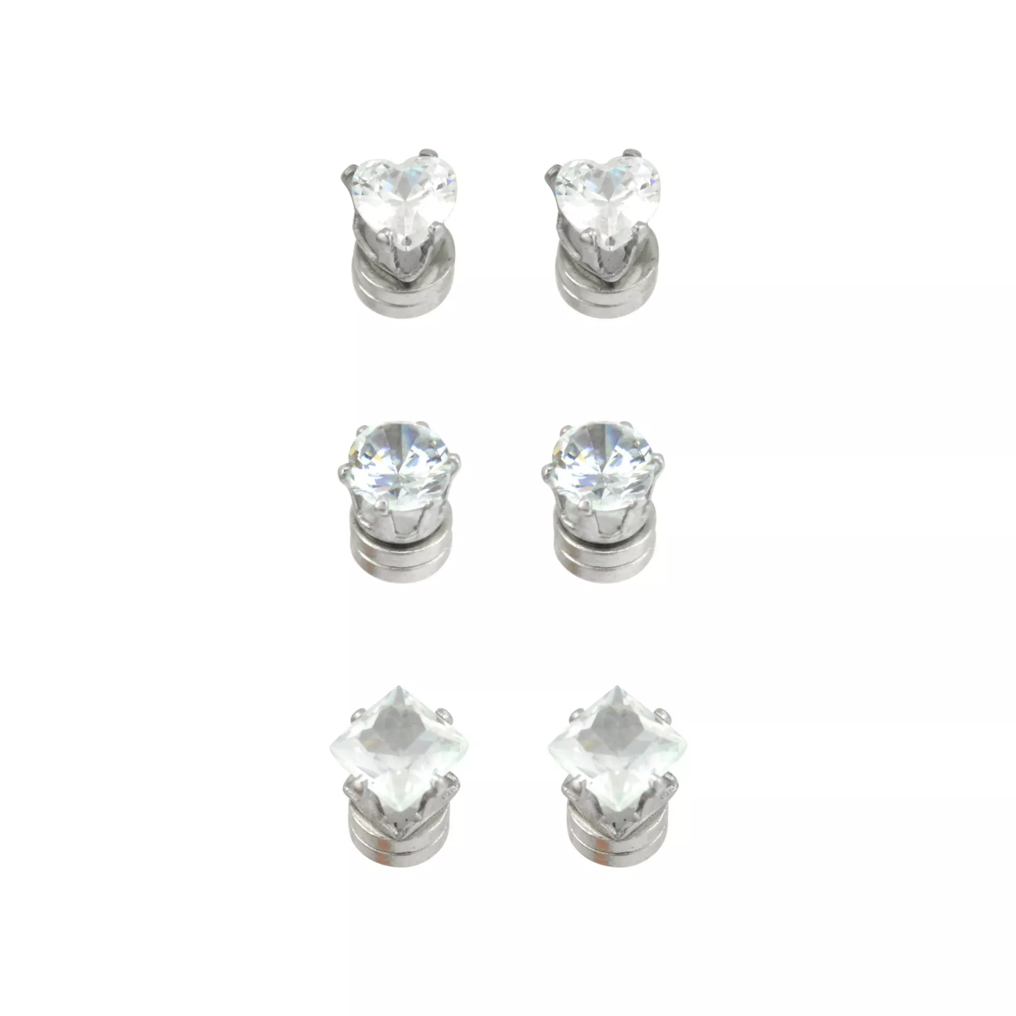 Silvertone CZ Assorted Shapes Magnetic Earrings - 3 Pack at Spencer's