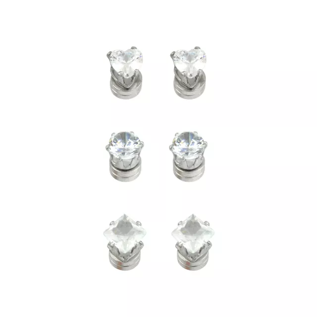 Silvertone CZ Assorted Shapes Magnetic Earrings - 3 Pack