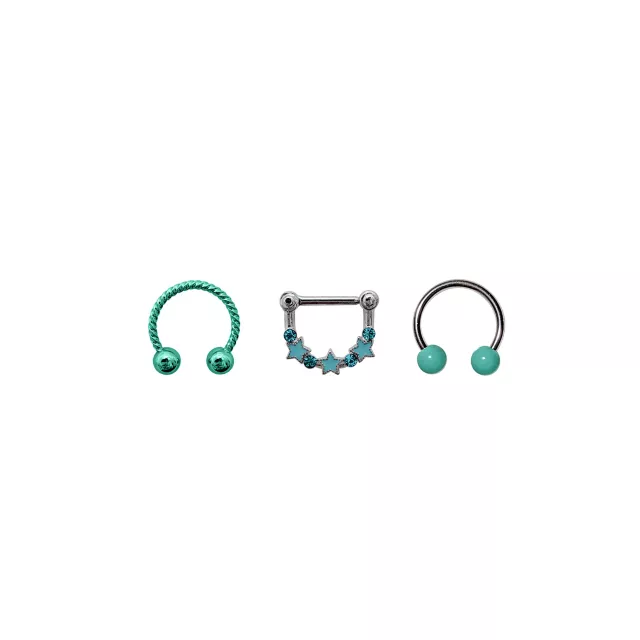 Multi-Pack Teal Star Horseshoe Nose Rings and Clicker Septum Ring 3 Pack - 16 Gauge at Spencer's