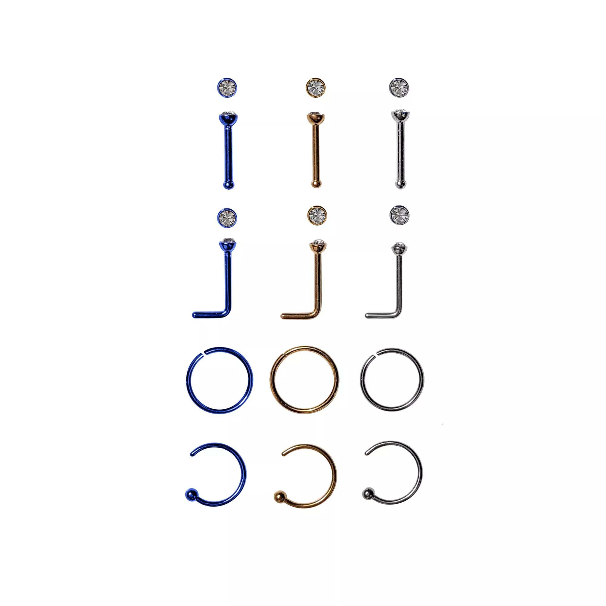 Multi-Pack Multi-Colored Pin Nose Rings L-Bend Nose Rings and Hoop Nose Rings 12 Pack - 20 Gauge at Spencer's