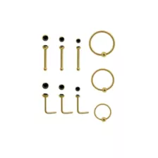 Multi-Pack Goldtone CZ L-Bend Nose Rings Pin Nose Rings and Captive Nose Rings 9 Pack - 20 Gauge at Spencer's