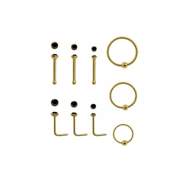 Multi-Pack Goldtone CZ L-Bend Nose Rings Pin Nose Rings and Captive Nose Rings 9 Pack - 20 Gauge at Spencer's