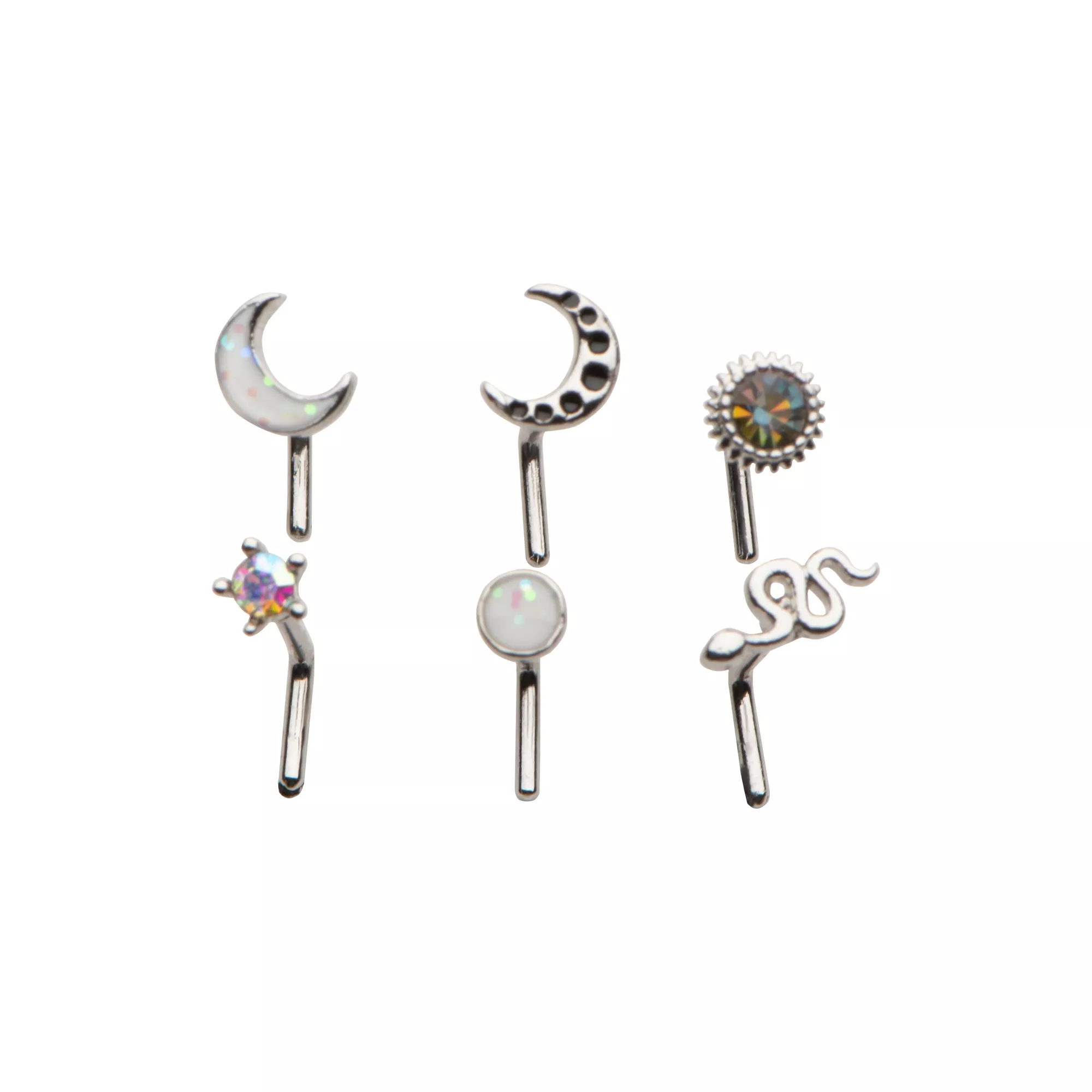 Multi-Pack CZ Star and Moon L-Bend Nose Rings 6 Pack - 20 Gauge at Spencer's