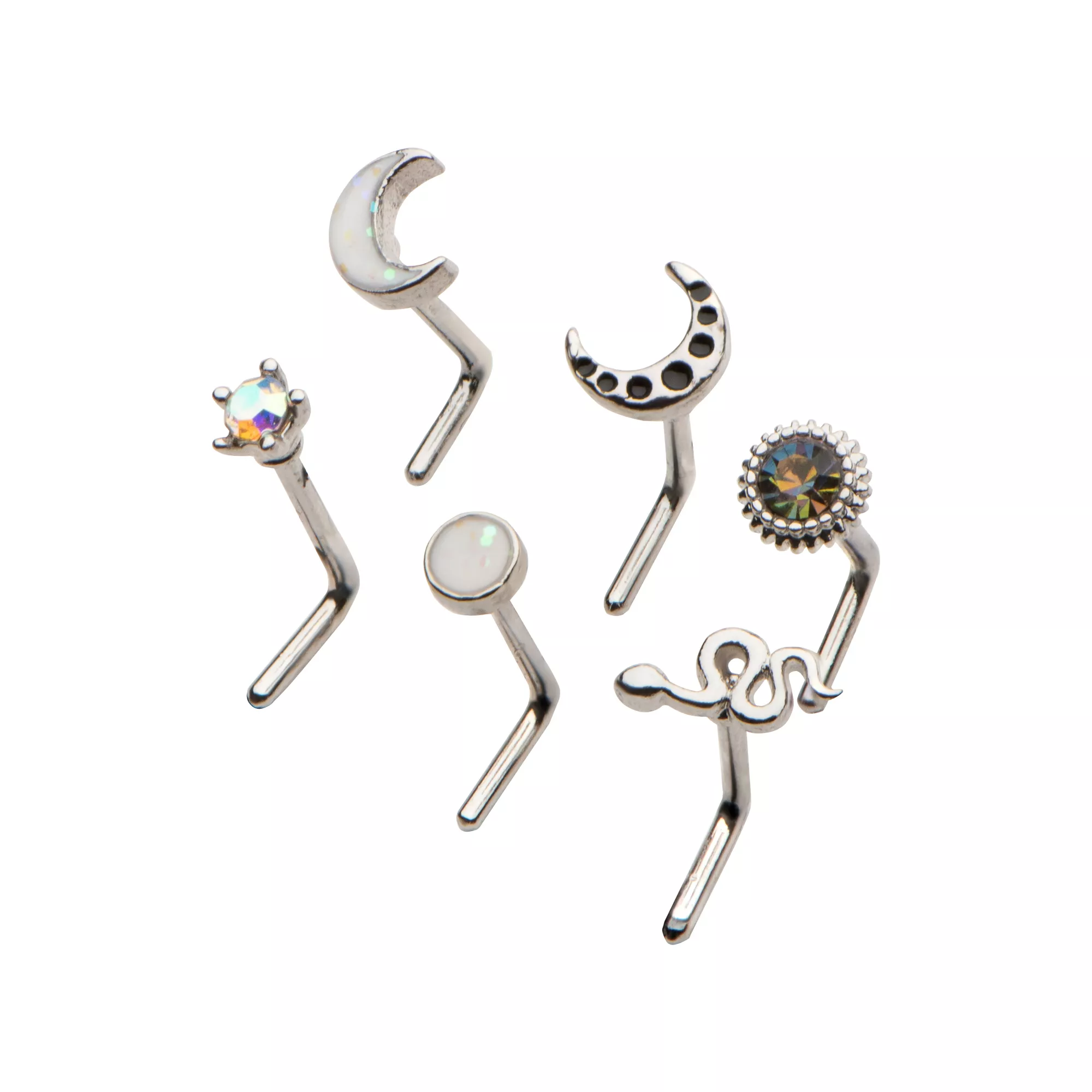Multi-Pack CZ Star and Moon L-Bend Nose Rings 6 Pack - 20 Gauge at Spencer's