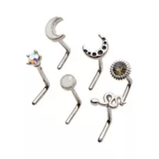 Multi-Pack CZ Star and Moon L-Bend Nose Rings 6 Pack - 20 Gauge at Spencer's