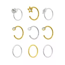 Multi-Pack CZ Moon and Star Hoop Nose Rings 9 Pack - 20 Gauge at Spencer's