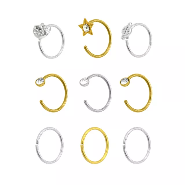 Multi-Pack CZ Moon and Star Hoop Nose Rings 9 Pack - 20 Gauge at Spencer's