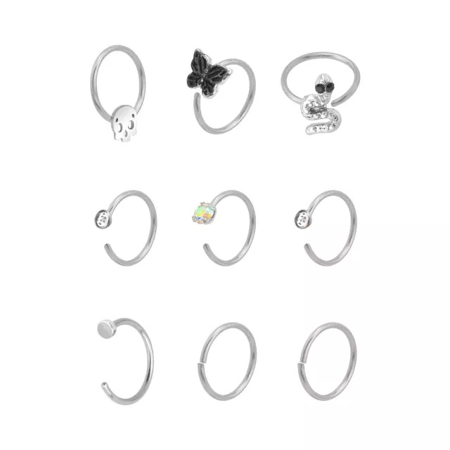 Multi-Pack Skull and Butterfly Hoop Nose Rings 9 Pack - 20 Gauge at Spencer's