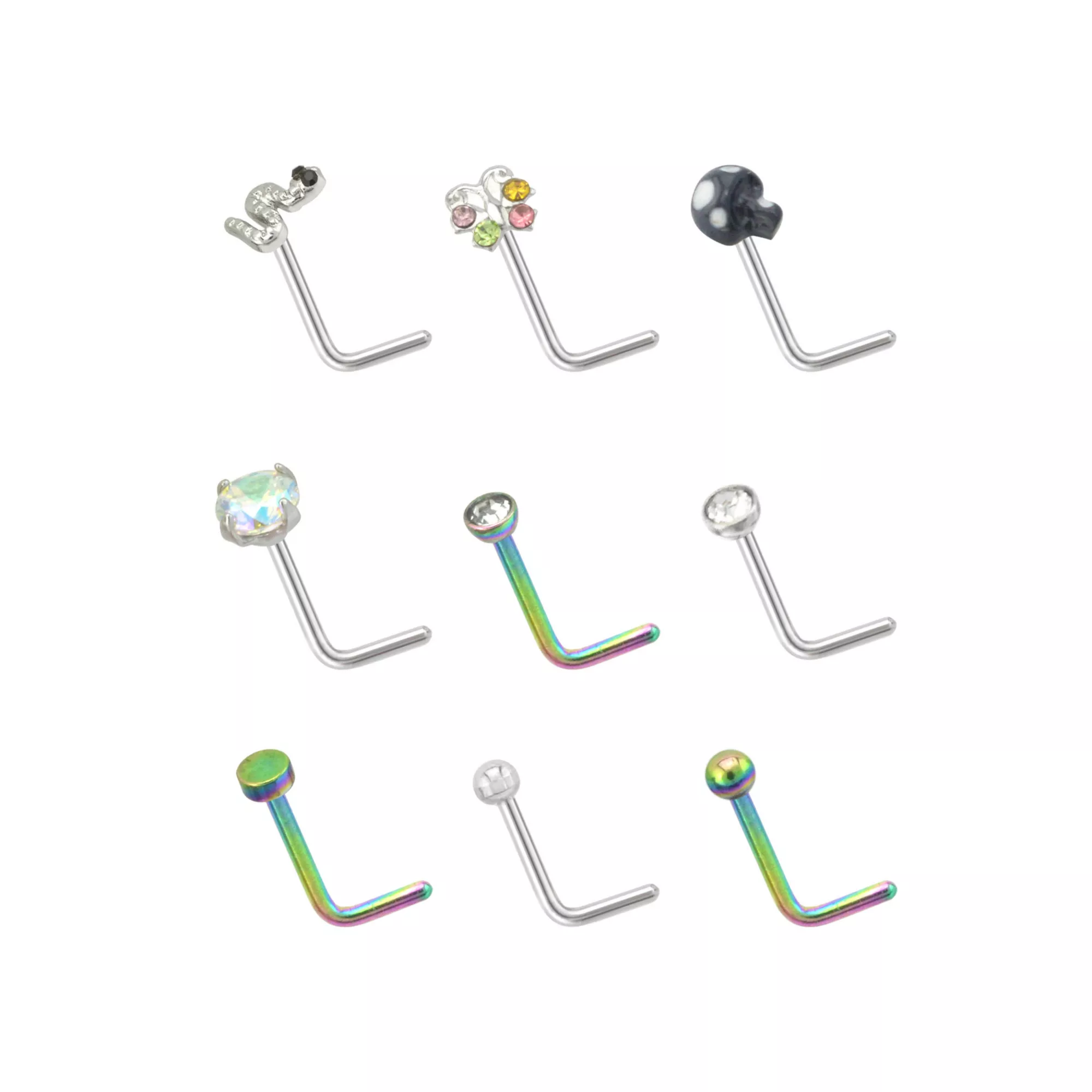 Multi-Pack Assorted L-Bend Nose Rings 9 Pack - 20 Gauge at Spencer's