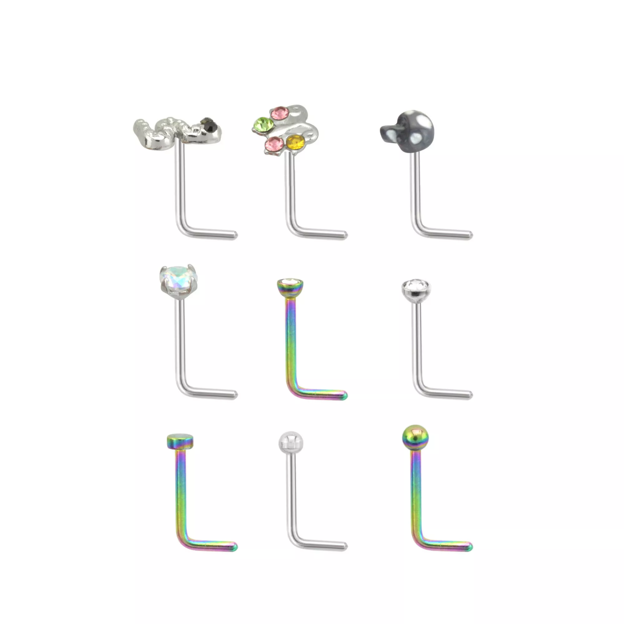 Multi-Pack Assorted L-Bend Nose Rings 9 Pack - 20 Gauge at Spencer's