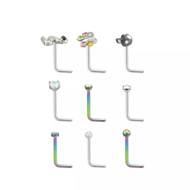 Multi-Pack Assorted L-Bend Nose Rings 9 Pack - 20 Gauge at Spencer's
