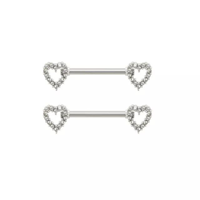 CZ Silvertone Rhinestone Heart Nipple Barbells - 14 Gauge at Spencer's