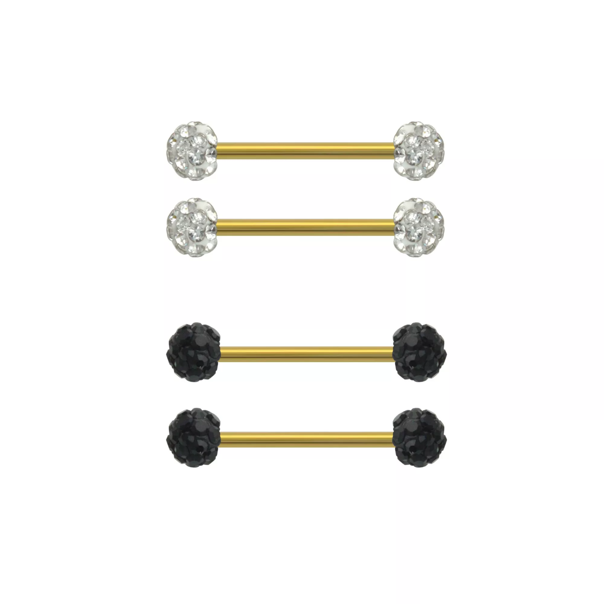 Goldtone Black and Silvertone Pave Nipple Barbells 4 Pack - 14 Gauge