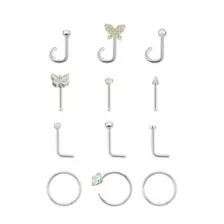 Multi-Pack Silvertone L-Bend Nose Rings Pin Nose Rings and Hoop Nose Rings 12 Pack - 20 Gauge at Spencer's