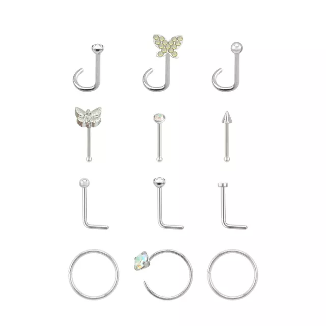 Multi-Pack Silvertone L-Bend Nose Rings Pin Nose Rings and Hoop Nose Rings 12 Pack - 20 Gauge at Spencer's
