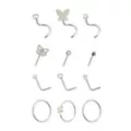 Multi-Pack Silvertone L-Bend Nose Rings Pin Nose Rings and Hoop Nose Rings 12 Pack - 20 Gauge at Spencer's