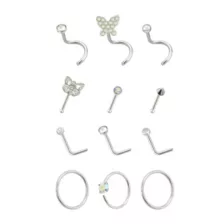 Multi-Pack Silvertone L-Bend Nose Rings Pin Nose Rings and Hoop Nose Rings 12 Pack - 20 Gauge at Spencer's