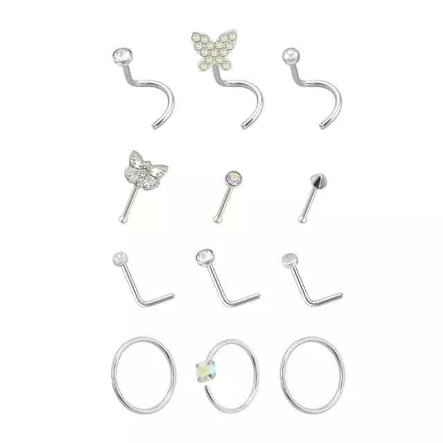 Multi-Pack Silvertone L-Bend Nose Rings Pin Nose Rings and Hoop Nose Rings 12 Pack - 20 Gauge at Spencer's