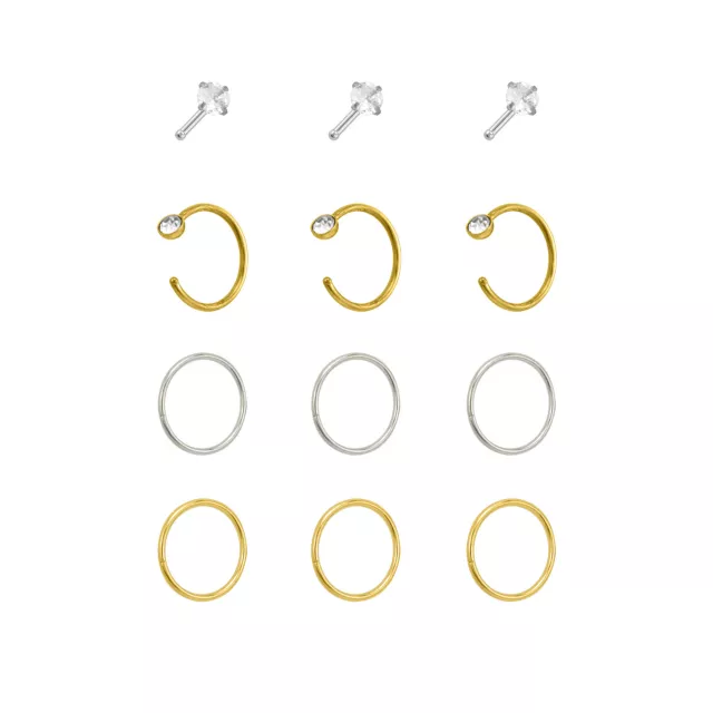 Multi-Pack CZ Goldtone and Silvertone Pin Nose Rings and Hoop Nose Rings 12 Pack - 20 Gauge at Spencer's
