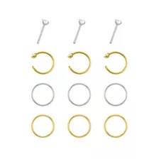 Multi-Pack CZ Goldtone and Silvertone Pin Nose Rings and Hoop Nose Rings 12 Pack - 20 Gauge at Spencer's