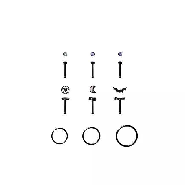 Multi-Pack Bat and Moon Pin and Hoop Nose Rings 9 Pack - 20 Gauge at Spencer's