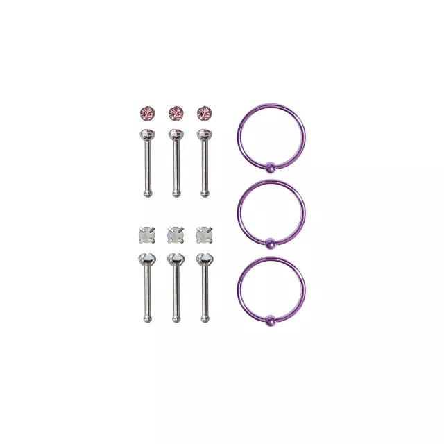 Multi-Pack CZ Pink Pin Nose Rings and Hoop Nose Rings 9 Pack - 20 Gauge at Spencer's
